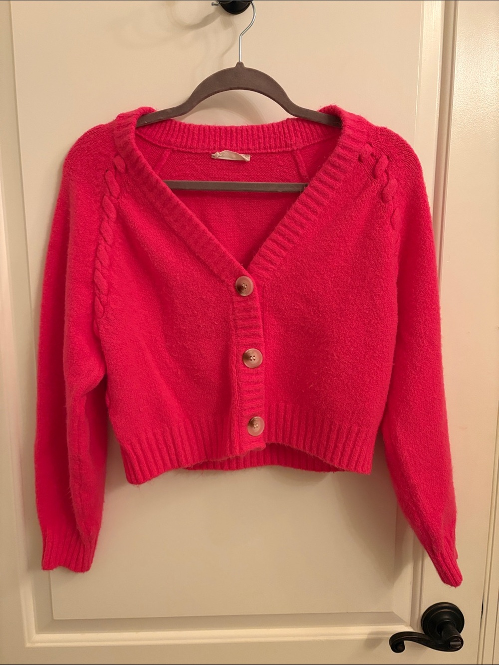 Altar'd State Cropped Cable-Shoulder Cardigan in Bright Pink